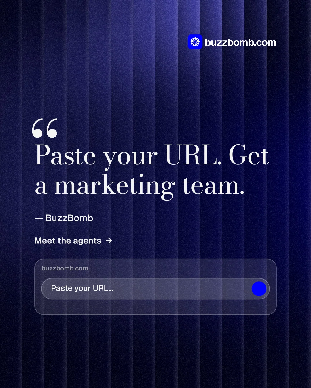 Instagram portrait post for BuzzBomb: "Spark some growth today." Minimal luxury style, quote layout, dark palette in blue, black.