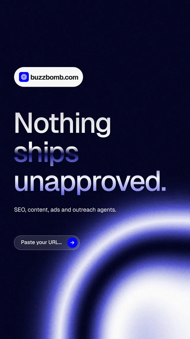 Instagram story for BuzzBomb: "Nothing ships unapproved." Agentic glass style, announce layout, dark palette in black, blue.