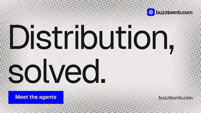 Landscape graphic for BuzzBomb: "Distribution, solved." Swiss style, poster layout, light palette in grey, white.