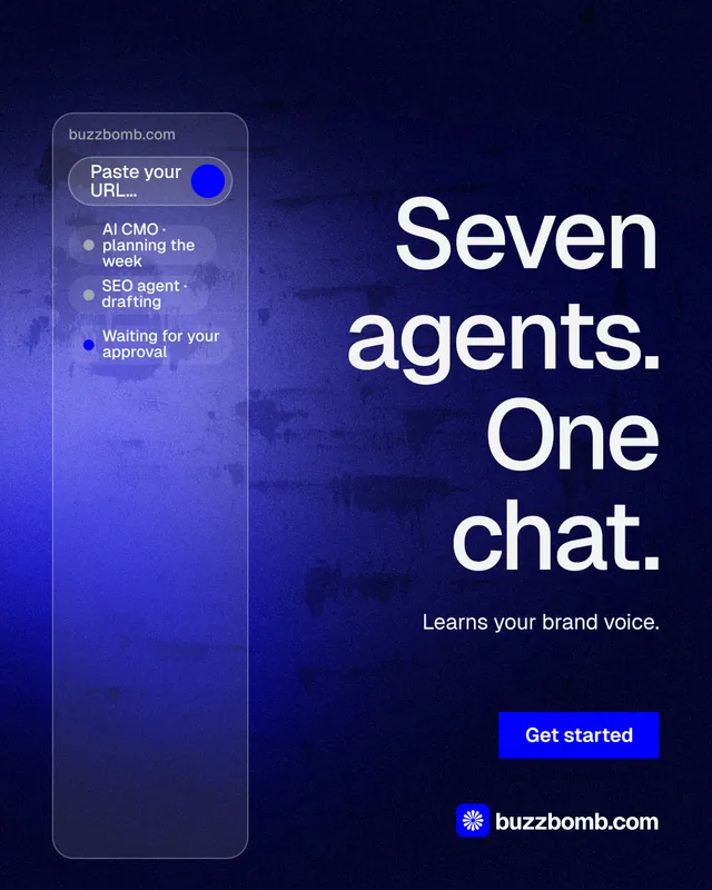 Instagram portrait post for BuzzBomb: "Seven agents. One chat." Swiss style, right layout, dark palette in black, blue.