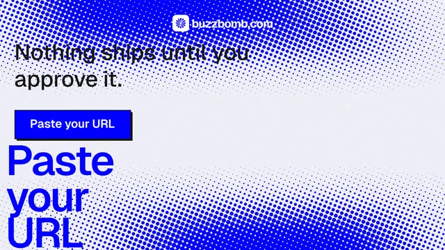 Landscape graphic for BuzzBomb: "One launch. A week of posts." Brutalist style, oversized layout, light palette in blue, white.