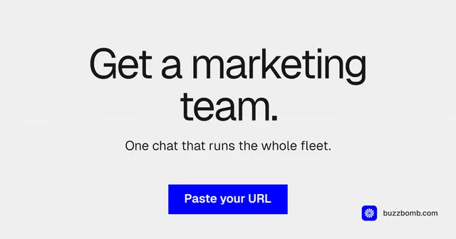 Social ad for BuzzBomb: "Get a marketing team." Swiss style, centred layout, light palette in white, blue.