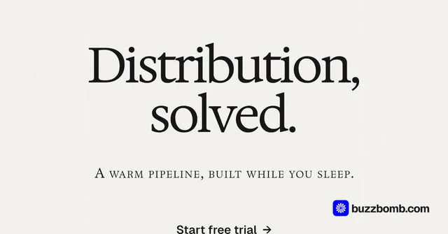 Social ad for BuzzBomb: "Distribution, solved." Swiss style, smallcaps layout, light palette in white.