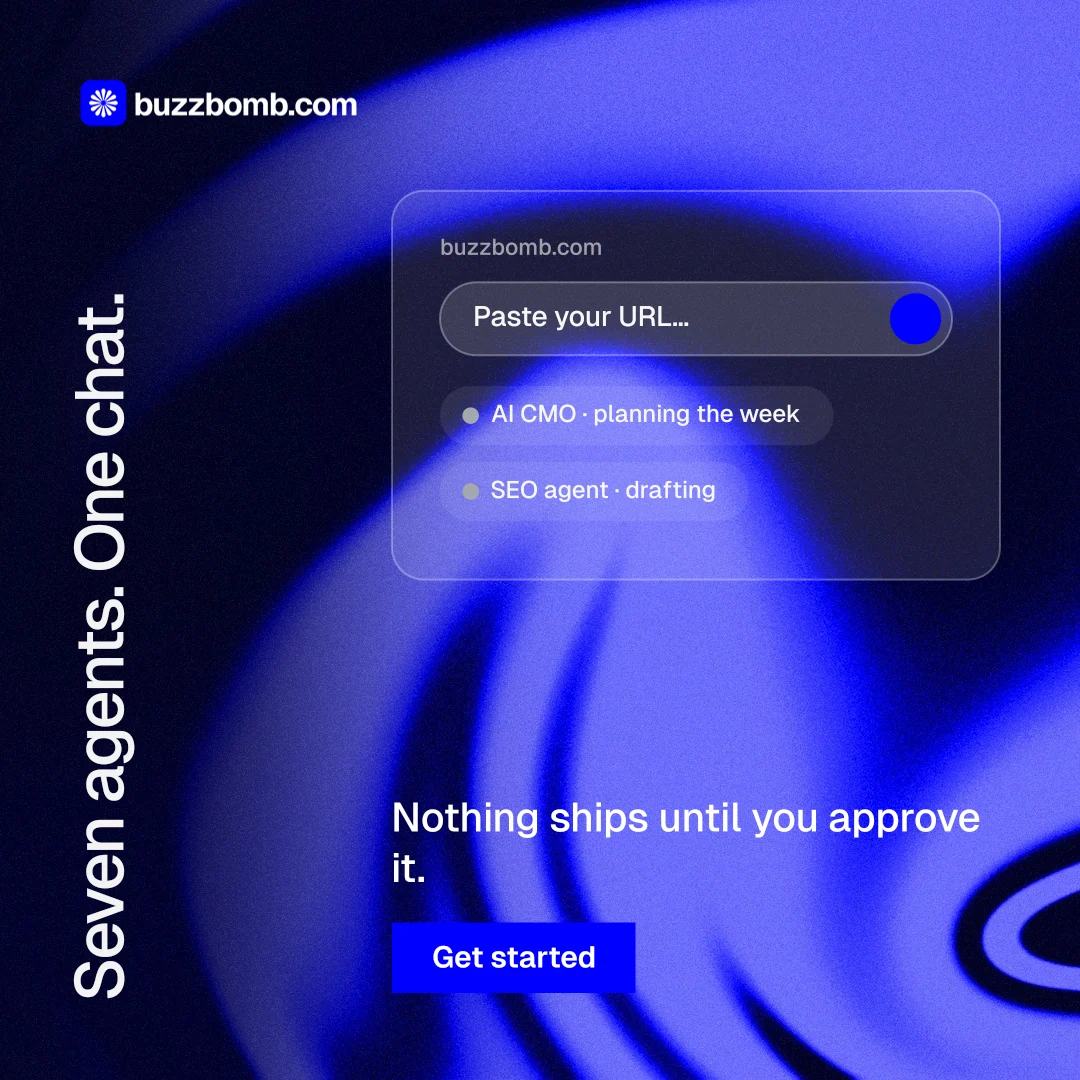 Instagram post for BuzzBomb: "Seven agents. One chat." Swiss style, vertical layout, dark palette in black, blue.