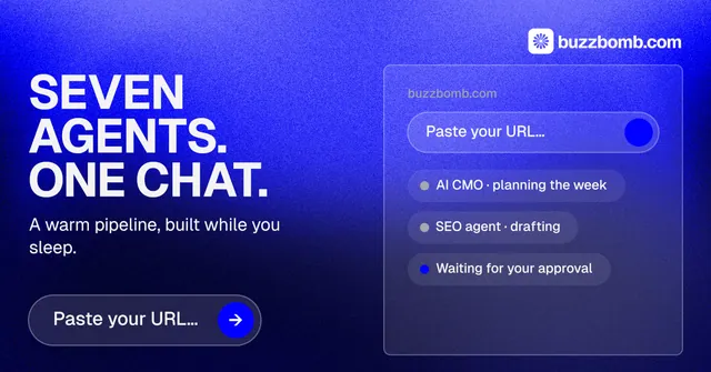 Social ad for BuzzBomb: "Seven agents. One chat." Agentic glass style, bottom layout, dark palette in blue.