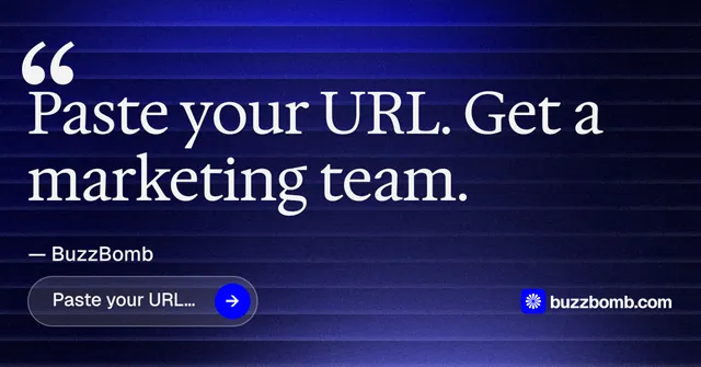 Social ad for BuzzBomb: "Seven agents. One chat." Agentic glass style, quote layout, dark palette in black, blue, grey.