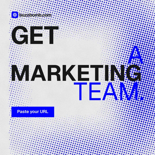 Instagram post for BuzzBomb: "Get a marketing team." Swiss style, stacked layout, light palette in blue, white.