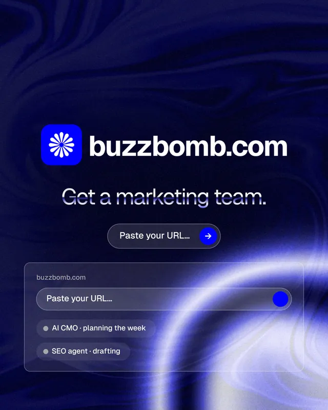 Instagram portrait post for BuzzBomb: "Get a marketing team." Agentic glass style, logo hero layout, dark palette in blue, black.