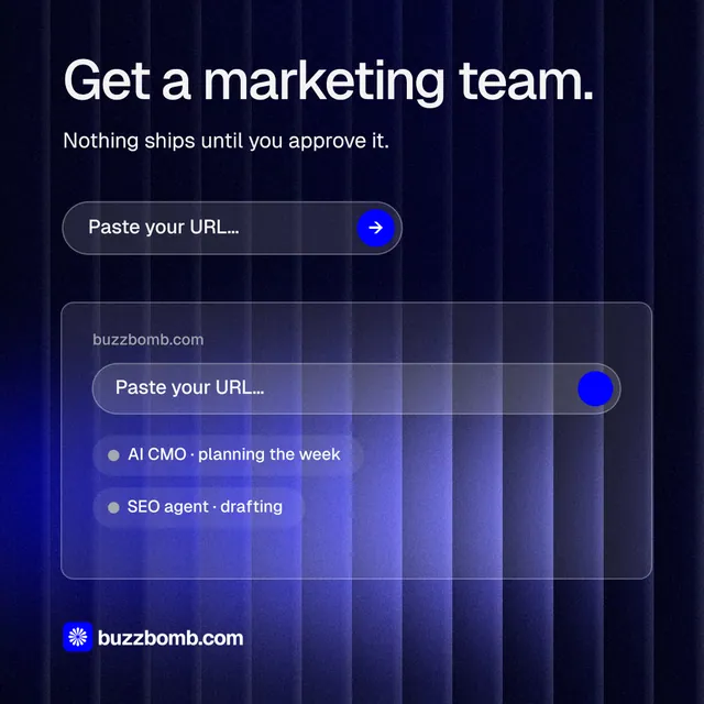 Instagram post for BuzzBomb: "Get a marketing team." Agentic glass style, skeleton layout, dark palette in blue, black.