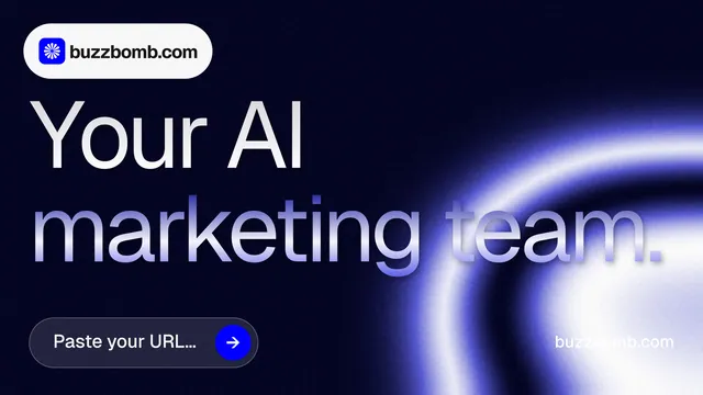 Landscape graphic for BuzzBomb: "Your AI marketing team." Agentic glass style, poster layout, dark palette in black, blue.