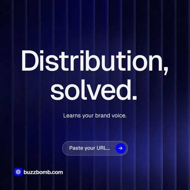Instagram post for BuzzBomb: "Distribution, solved." Agentic glass style, centred layout, dark palette in black, blue, grey.