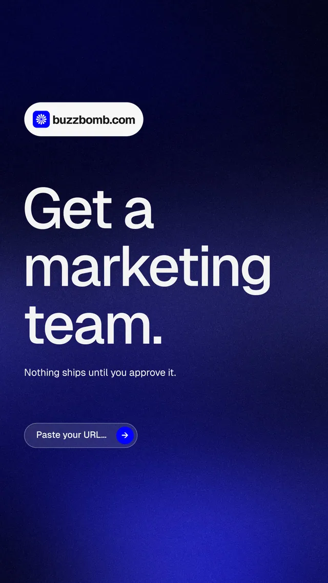 Instagram story for BuzzBomb: "Get a marketing team." Agentic glass style, announce layout, dark palette in black, blue, grey.