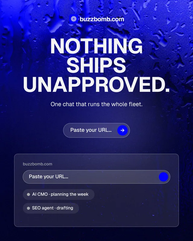 Instagram portrait post for BuzzBomb: "Nothing ships unapproved." Agentic glass style, centred layout, dark palette in blue.