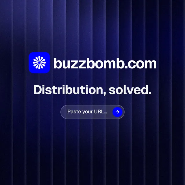 Instagram post for BuzzBomb: "Distribution, solved." Agentic glass style, logo hero layout, dark palette in black, blue.