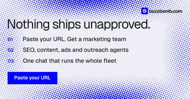 Social ad for BuzzBomb: "Nothing ships unapproved." Swiss style, numbered layout, light palette in blue, white.