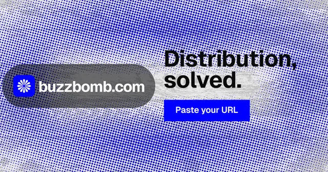 Social ad for BuzzBomb: "Distribution, solved." Swiss style, logo hero layout, light palette in blue.