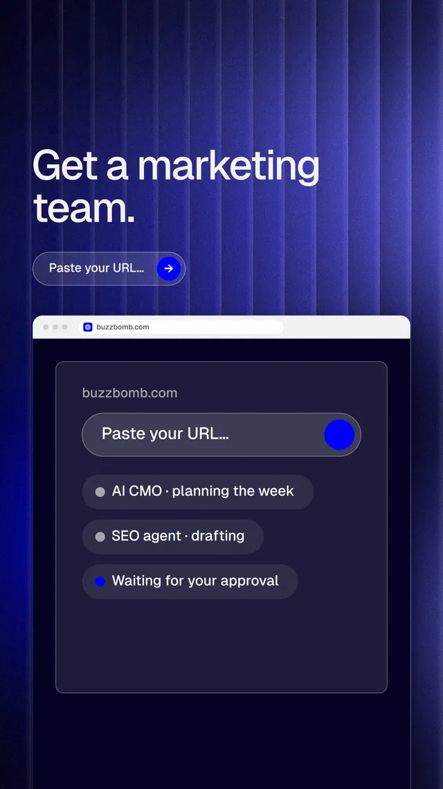 Instagram story for BuzzBomb: "Get a marketing team." Agentic glass style, browser layout, dark palette in blue, black.