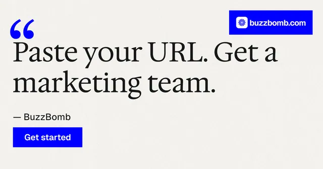Social ad for BuzzBomb: "Get a marketing team." Swiss style, quote layout, light palette in white, blue.