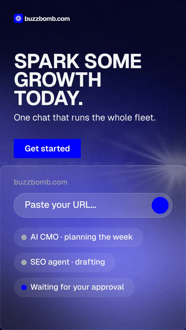 Instagram story for BuzzBomb: "Spark some growth today." Swiss style, skeleton layout, dark palette in blue.