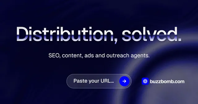 Social ad for BuzzBomb: "Distribution, solved." Agentic glass style, centred layout, dark palette in black, blue, grey.