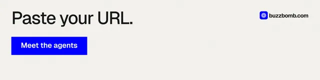 LinkedIn banner for BuzzBomb: "Paste your URL." Swiss style, skeleton layout, light palette in white, blue.