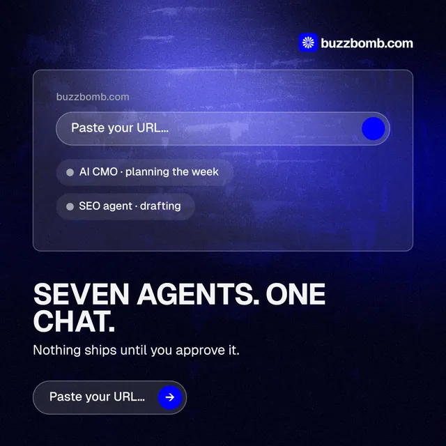 Instagram post for BuzzBomb: "Seven agents. One chat." Agentic glass style, bottom layout, dark palette in black, blue.