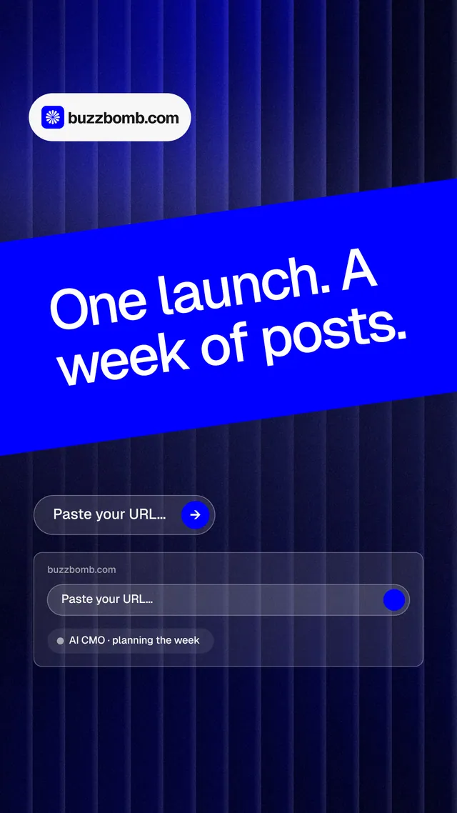 Instagram story for BuzzBomb: "One launch. A week of posts." Agentic glass style, diagonal layout, dark palette in black, blue.