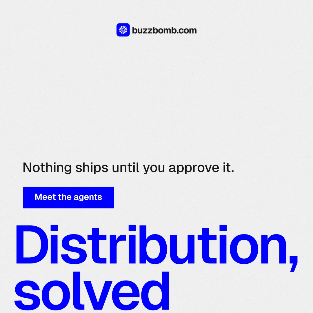 Instagram post for BuzzBomb: "Spark some growth today." Swiss style, oversized layout, light palette in white, blue.
