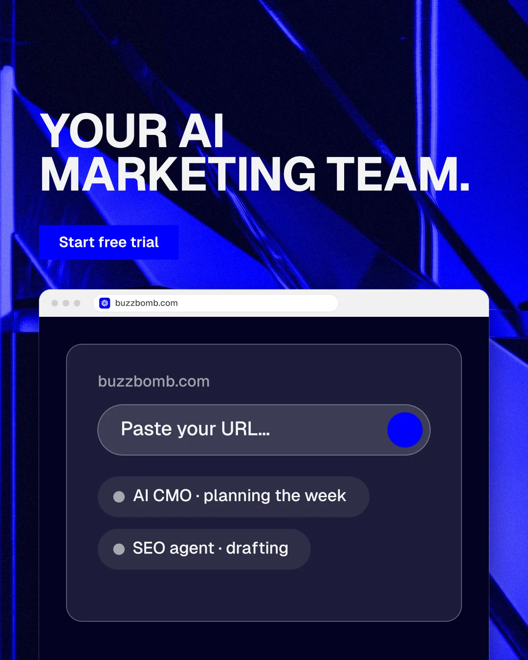 Instagram portrait post for BuzzBomb: "Your AI marketing team." Swiss style, browser layout, dark palette in blue, black.