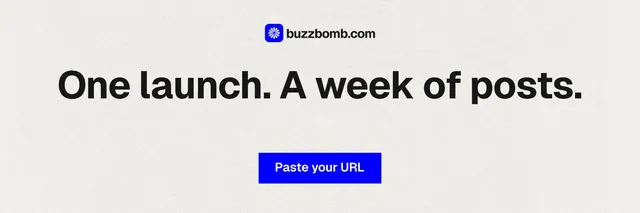 X header for BuzzBomb: "One launch. A week of posts." Swiss style, centred layout, light palette in white, grey.
