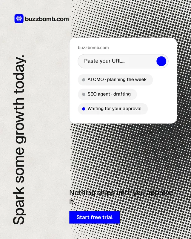Instagram portrait post for BuzzBomb: "Spark some growth today." Swiss style, vertical layout, light palette in grey, white.