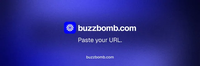 X header for BuzzBomb: "Paste your URL." Agentic glass style, end card layout, dark palette in blue.