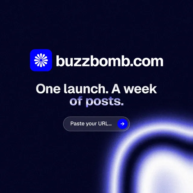 Instagram post for BuzzBomb: "One launch. A week of posts." Agentic glass style, logo hero layout, dark palette in black, blue.