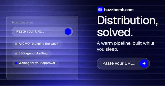 Social ad for BuzzBomb: "Distribution, solved." Agentic glass style, skeleton layout, dark palette in black, blue.