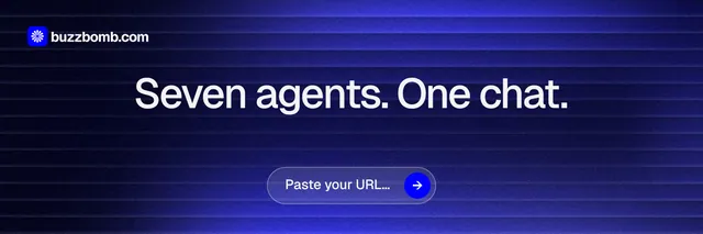 X header for BuzzBomb: "Seven agents. One chat." Agentic glass style, centred layout, dark palette in blue, black.