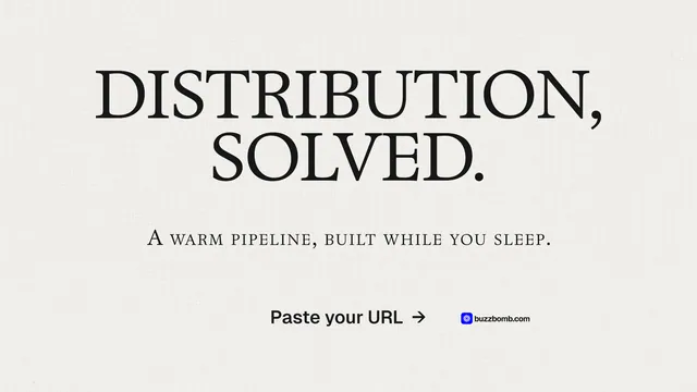 Landscape graphic for BuzzBomb: "Distribution, solved." Swiss style, smallcaps layout, light palette in white, grey.