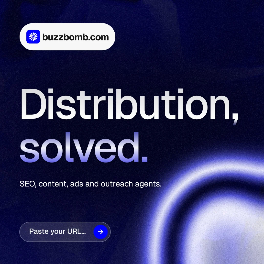 Instagram post for BuzzBomb: "Distribution, solved." Agentic glass style, announce layout, dark palette in black, blue.