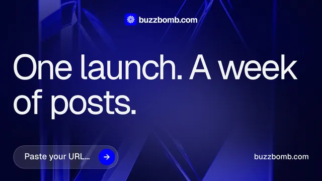 Landscape graphic for BuzzBomb: "One launch. A week of posts." Agentic glass style, poster layout, dark palette in black, blue.