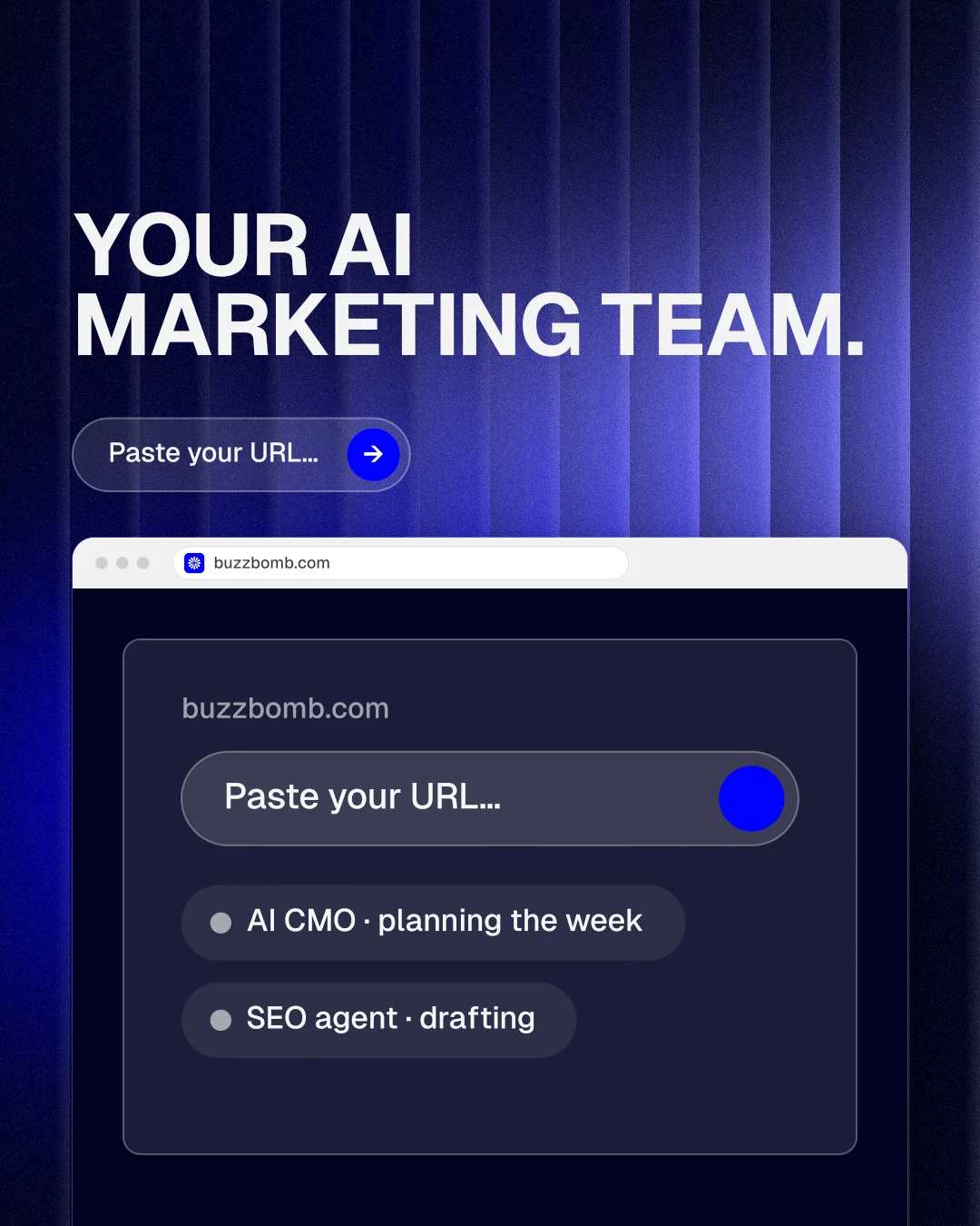 Instagram portrait post for BuzzBomb: "Your AI marketing team." Agentic glass style, browser layout, dark palette in blue, black.