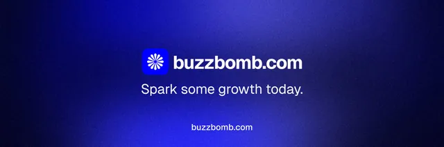 X header for BuzzBomb: "Spark some growth today." Agentic glass style, end card layout, dark palette in blue.