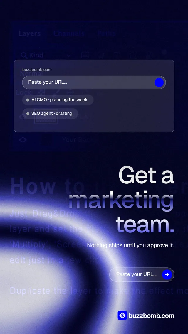 Instagram story for BuzzBomb: "Get a marketing team." Agentic glass style, right layout, dark palette in blue, black.