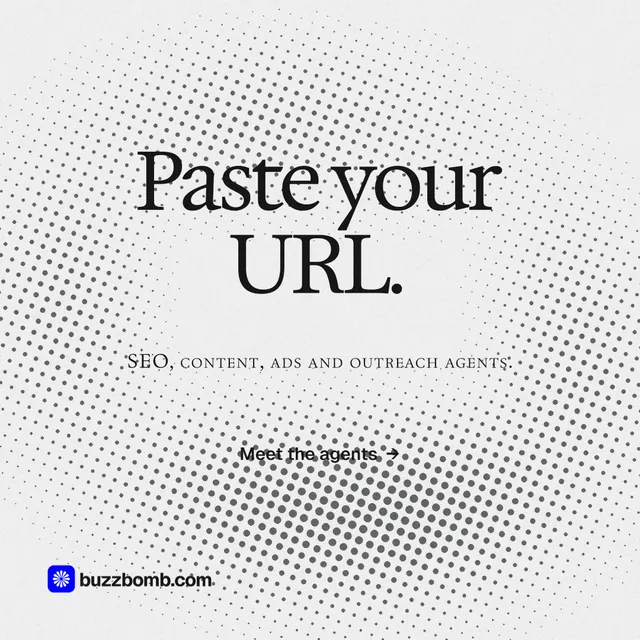Instagram post for BuzzBomb: "Paste your URL." Split block style, smallcaps layout, light palette in white, grey.