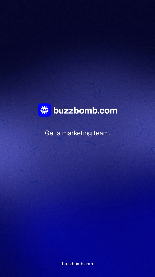 Instagram story for BuzzBomb: "Get a marketing team." Swiss style, end card layout, dark palette in blue, black.
