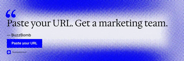 X header for BuzzBomb: "Your AI marketing team." Swiss style, quote layout, light palette in blue, white.