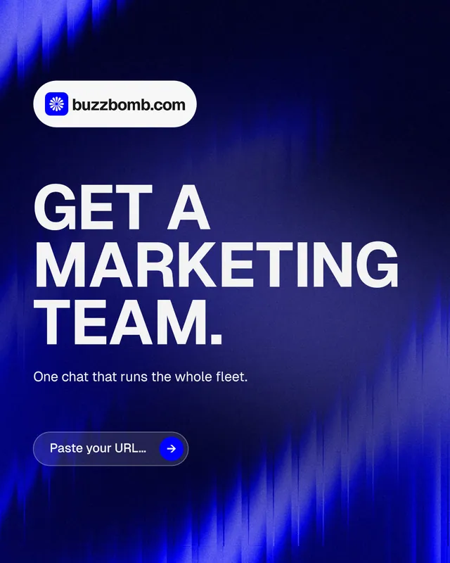 Instagram portrait post for BuzzBomb: "Get a marketing team." Agentic glass style, announce layout, dark palette in black, blue.