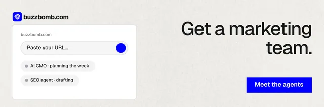 X header for BuzzBomb: "Get a marketing team." Swiss style, right layout, light palette in white, blue.