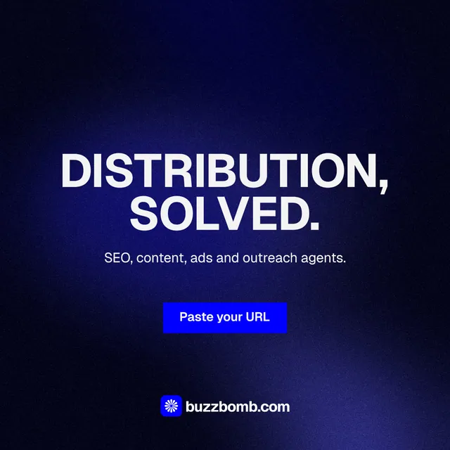 Instagram post for BuzzBomb: "Distribution, solved." Swiss style, centred layout, dark palette in black, blue.