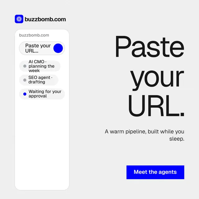 Instagram post for BuzzBomb: "Paste your URL." Swiss style, right layout, light palette in white.