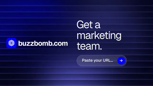 Landscape graphic for BuzzBomb: "Get a marketing team." Agentic glass style, logo hero layout, dark palette in blue, black.