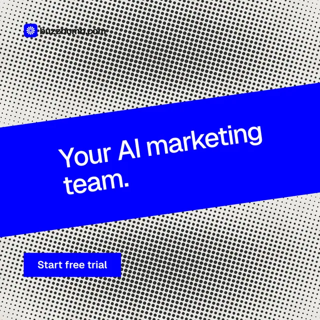 Instagram post for BuzzBomb: "Your AI marketing team." Swiss style, diagonal layout, light palette in grey, blue.